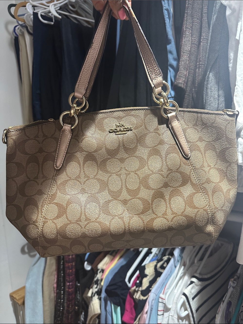 Coach Khaki Tan Signature Canvas Tote with silver Hardware